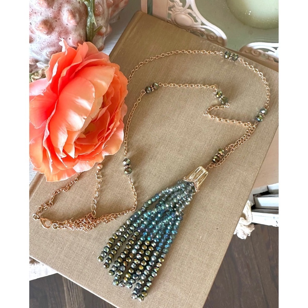 Green Crystal tassel long necklace